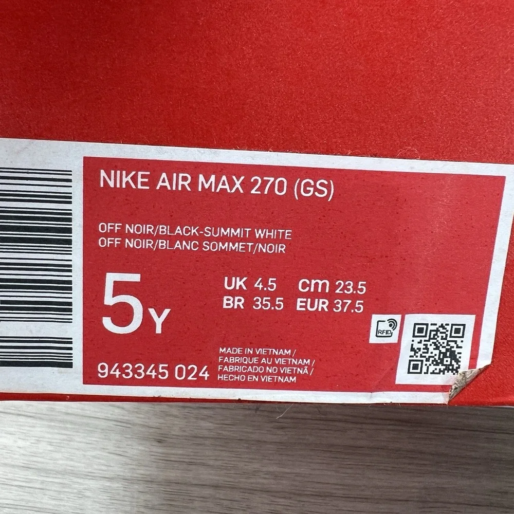 Nike Air Max 270 (GS) Off Noir Black White 943345-024 Youth Size 5